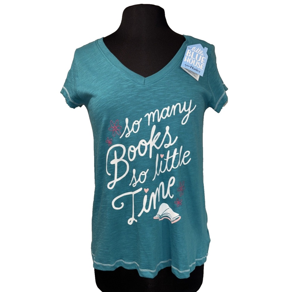 NEW Little Blue House Book Club Graphic T Shirt Size S Teal Short Sleeve V Neck